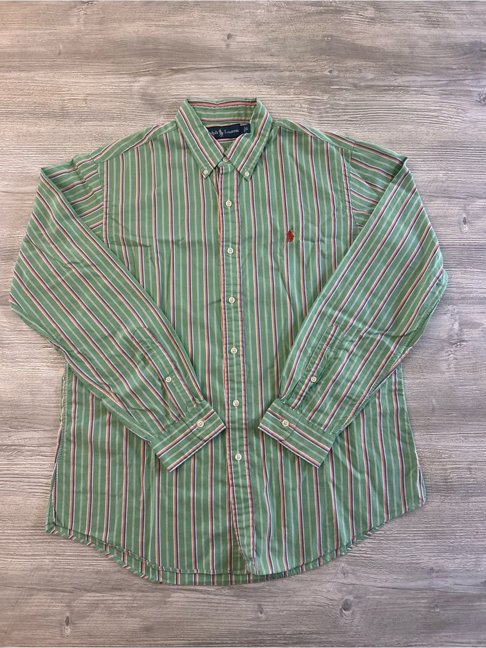 Polo Ralph Lauren L Classic Fit Green Pink & White Stripes Light Oxford Red Pony